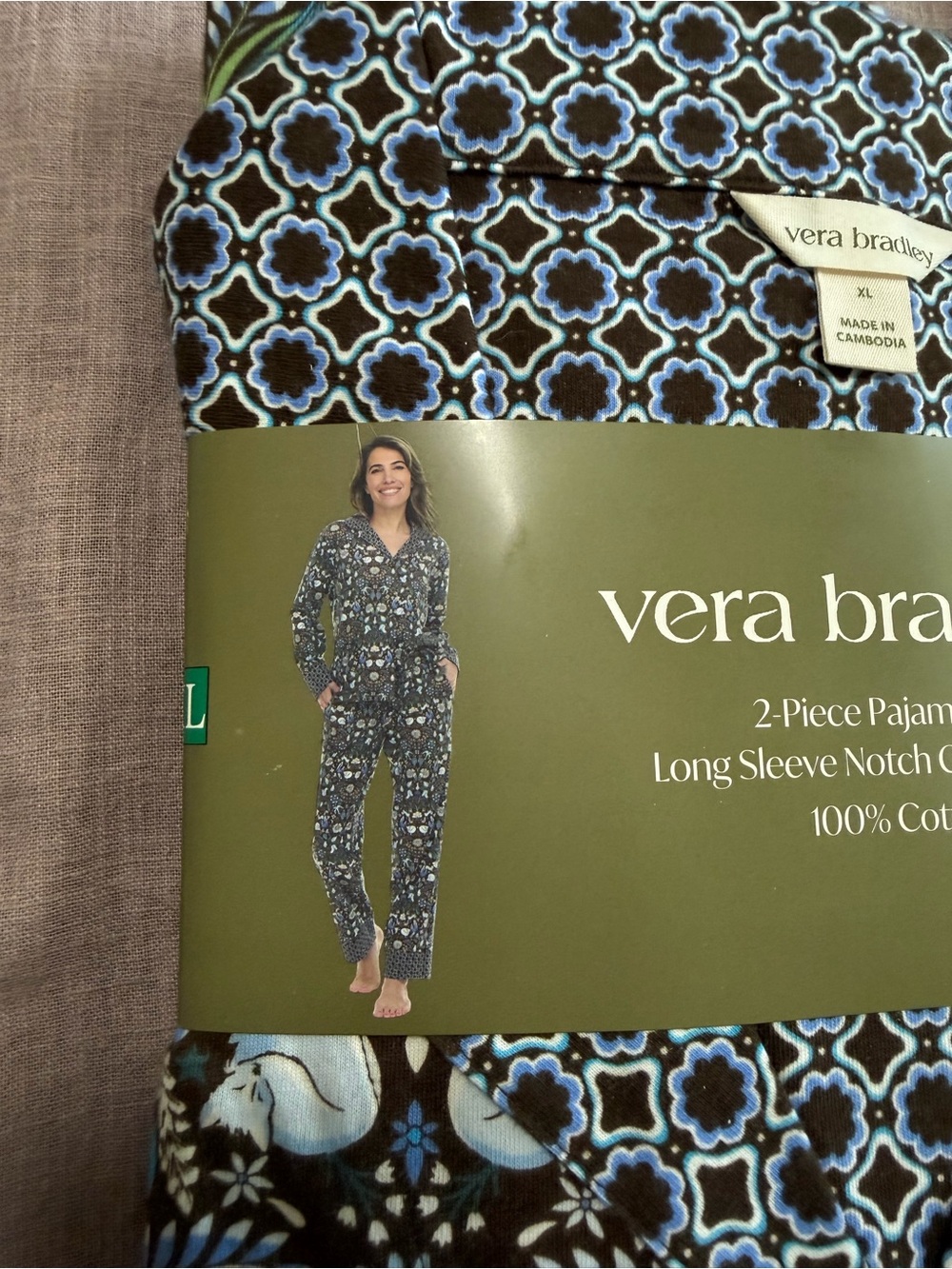NWT Vera Bradley 2-Piece Pajama Set Blue Black Floral Size XL 100% Cotton Lounge - Picture 3 of 7